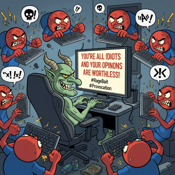 Иллюстрация rage bait в соцсетях с гневными комментариями