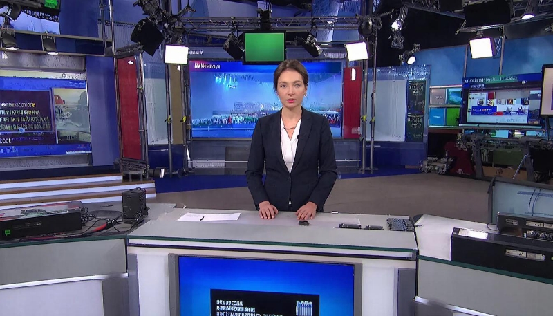 Фотография студии телевизионных новостей с девушкой-ведущей к статье Искусственный интеллект в медиа: критерии объективного освещения и манипулятивного воздействия